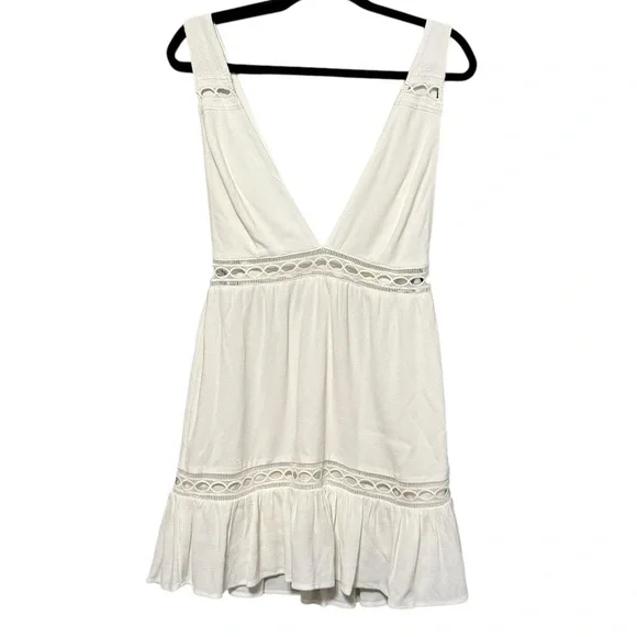 STONE COLD FOX Gabriel Boho Plunging V-Neck Lace Insert Cutout Ruffle Mini Dress - Picture 4 of 12
